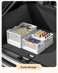 Three white foldable storage baskets with hollow mesh used in a car trunk scene