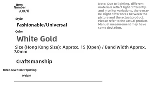 Detailed specifications of rotating snowflake ring with 7mm width and adjustable size