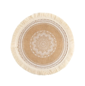 Bohemian jute placemat with white lace mandala embroidery and tassel fringe details