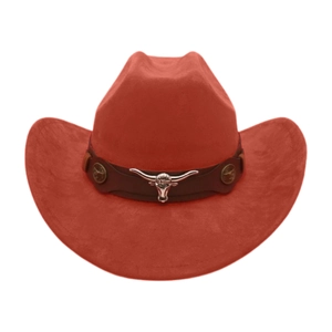 Detail of red suede cowboy hat featuring metal bull head ornament and leather band
