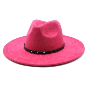Rose red wide brim suede fedora hat with ethnic style leather band and turquoise accents