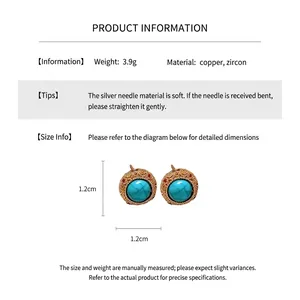 Detail view of 18k gold plated turquoise stud earrings with red zircon and silver needles