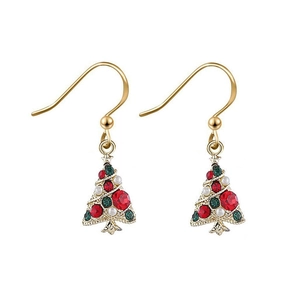 Detail of Christmas tree drop earrings with gold finish and festive colorful rhinestones