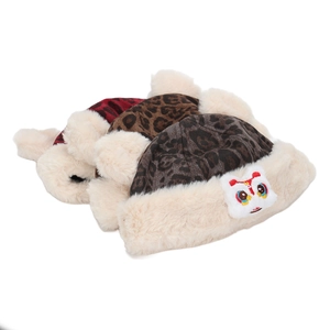 Winter leopard print kids hat with plush lion dance embroidery and faux fur pom-poms