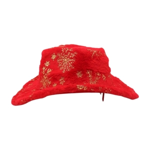 Close-up of red plush hat featuring golden snowflake embroidery for Christmas festival