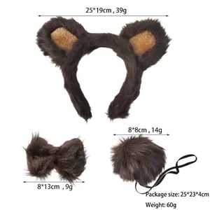 Three-piece brown plush bear accessory set including fuzzy ears headband, bowtie, and tail