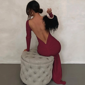 Elegant backless burgundy maxi dress with ruching detail for a slim fit evening look