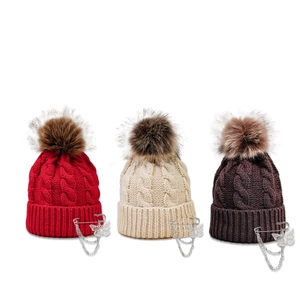 Winter cable knit beanie hats with faux fur pompom and stylish butterfly pin in three colors