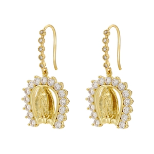 Gold Virgin Mary drop earrings with micro-set zircons in a religious luxury style