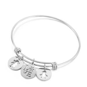 Adjustable silver steel bracelet featuring hollow boy girl and love charms for women