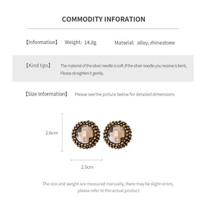 Detailed size chart for vintage flower earrings featuring alloy and rhinestone materials