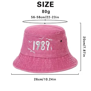 Pink 1989 seagull embroidered bucket hat size guide with dimensions and weight specs
