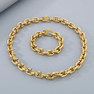 Gold punk style square nail necklace and bracelet set with thick heavy chain links