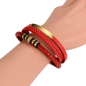 Multilayer red braided leather bracelet with golden stainless steel magnetic buckle
