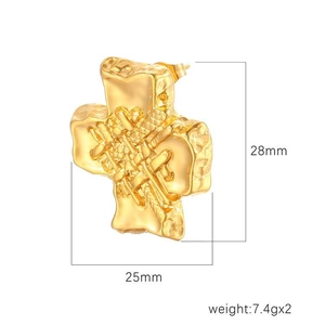 Vintage 18K gold plated stainless steel cross earrings with woven texture and 28mm height