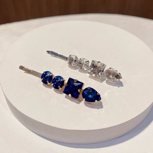 Exquisite geometric crystal hairpins with blue and clear rhinestones on silver metal