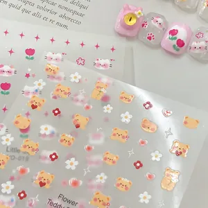 Detail of Flower Teddy nail stickers with cute bears, tulips, and gold heart patterns
