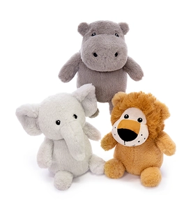 Detailed view of plush animal set including a grey hippo, elephant, and yellow lion toy