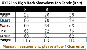 Size chart showing S, M, L dimensions for the mock neck sleeveless knit bodysuit top