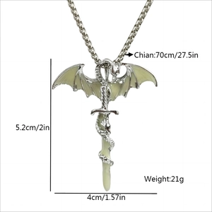 Luminous silver dragon sword pendant necklace for men with 70cm chain and size details