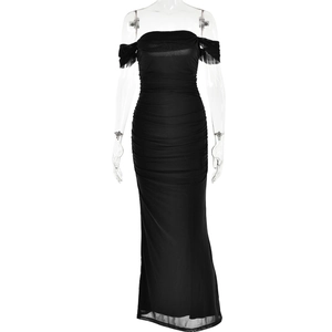 Detail view of black off-shoulder mesh dress featuring elegant ruched fabric on a mannequin