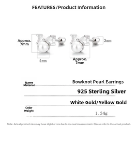 Detailed chart showing size and dimensions of 925 silver bow pearl stud earrings