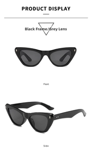 Détail de lunettes de soleil œil-de-chat rétro avec rivets argentés et monture noire