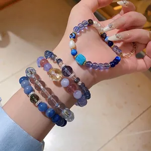 Blue zircon and crystal beaded stretch bracelet with natural stones for women