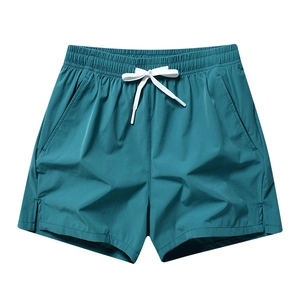 Teal quick-dry sports shorts for men featuring elastic waist with drawstring and side slits