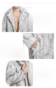 Detailed macro view of white faux fur coat material with V-neck collar and sleeve texture