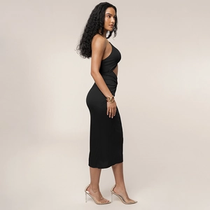 Detailed side view of black bodycon midi dress featuring sleek side waist cut-out accents