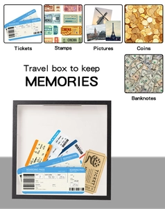 Detail view of a black wooden shadow box organizer for travel tickets and coins memories