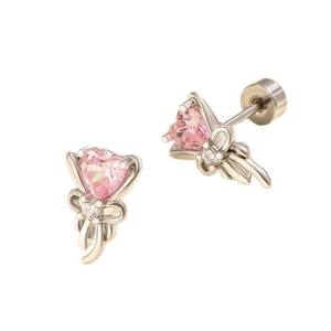 Titanium steel pink heart stud earrings with bowknot and cubic zirconia accents