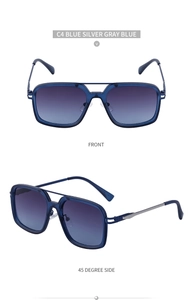 Front and 45-degree view of square blue transparent sunglasses with double bridge
