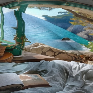 Close-up of woven fabric texture with window view coastal landscape scenery print