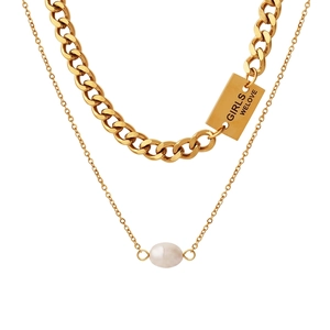 Women Double Layer Necklace Titanium Steel 18K Gold Plated Curb Chain Freshwater Pearl Pendant Square Tag French Hip Hop