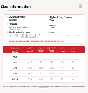 Size chart for V-neck yoga top showing detailed measurements and fabric composition