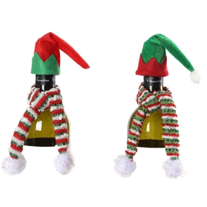 Christmas mini elf hats and striped knit scarves for wine bottle table decorations