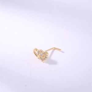 Golden heart-shaped L-shaped nose stud with sparkling cubic zirconia micro-pave setting