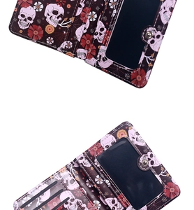 Detail of bifold wallet with spider skull print showing internal card slots and ID window