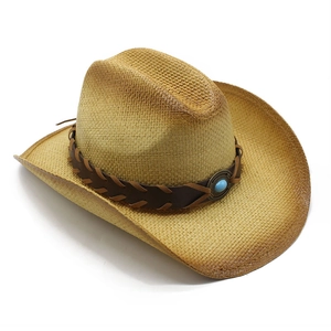 Western straw cowboy hat with turquoise stone band and smoked vintage gradient finish