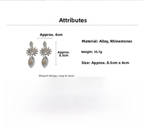 Macro view of long rhinestone flower drop earrings with size specs of 8.5cm by 4cm