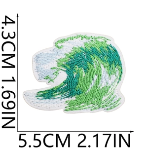 Detailed wave embroidery patch in green and blue tones with size measurements