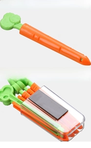 Détail de pinces à collations carottes avec boîte de rangement magnétique pour frigo