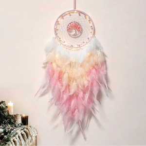 Tree Of Life Dream Catcher Handmade Feather Wall Hanging Rose Quartz LED Light Warm Glow Boho Decor Bedroom Nursery