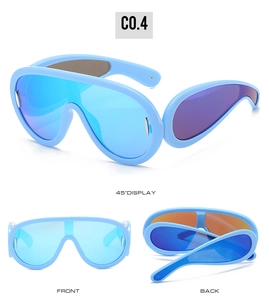 Detail views of futuristic wrap-around sunglasses with light blue mirrored lenses