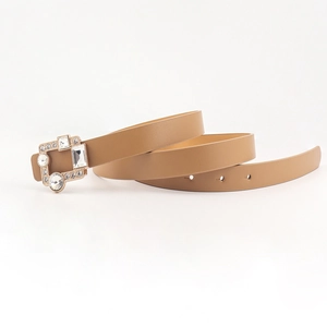 Elegant thin brown leather belt with sparkling rhinestone square buckle for women