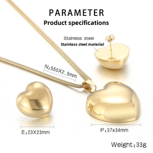 Detailed parameter chart for gold stainless steel heart necklace and earrings jewelry set