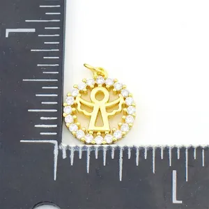 Golden round angel pendant with white cubic zirconia inlay and measuring ruler scale