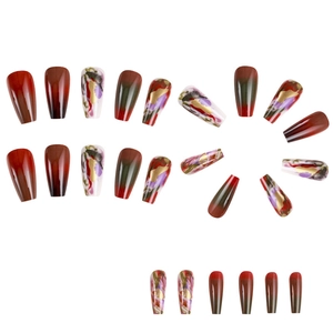 Long ballerina wine red ombre press-on nails with gold foil marble texture design